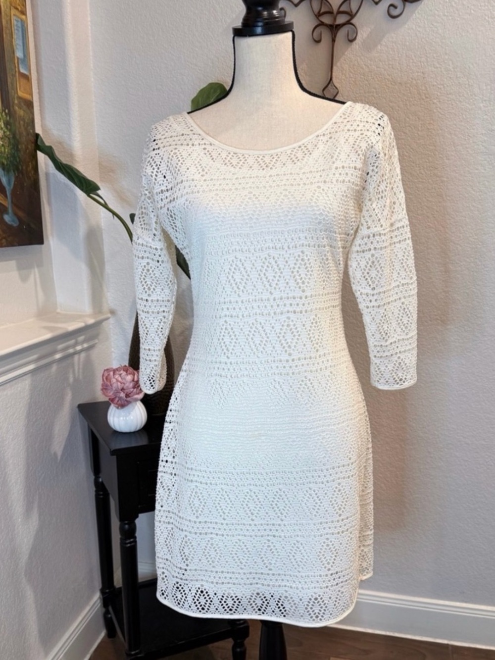 Express White Crochet 3/4 Sleeve Scoop-Neck Dress
